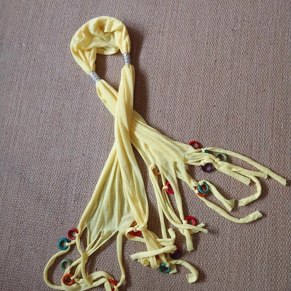 Festival Fringe Bright Yellow Scarf with Wood & Silver Tone Embellishment